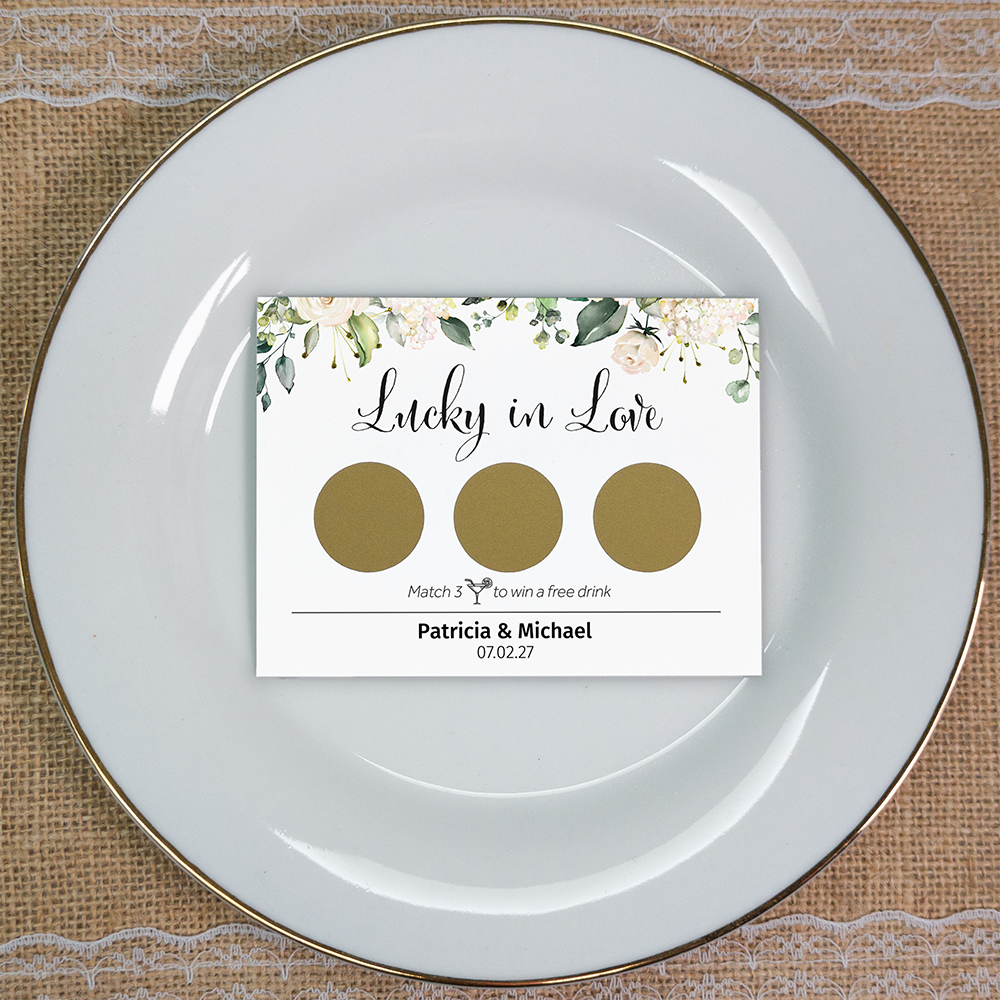 White Floral - Wedding Drink Favour Scratch Card Voucher