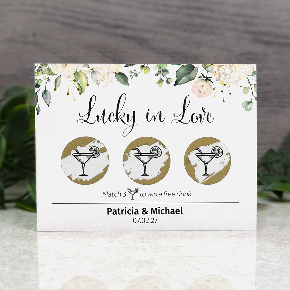 White Floral - Wedding Drink Favour Scratch Card Voucher