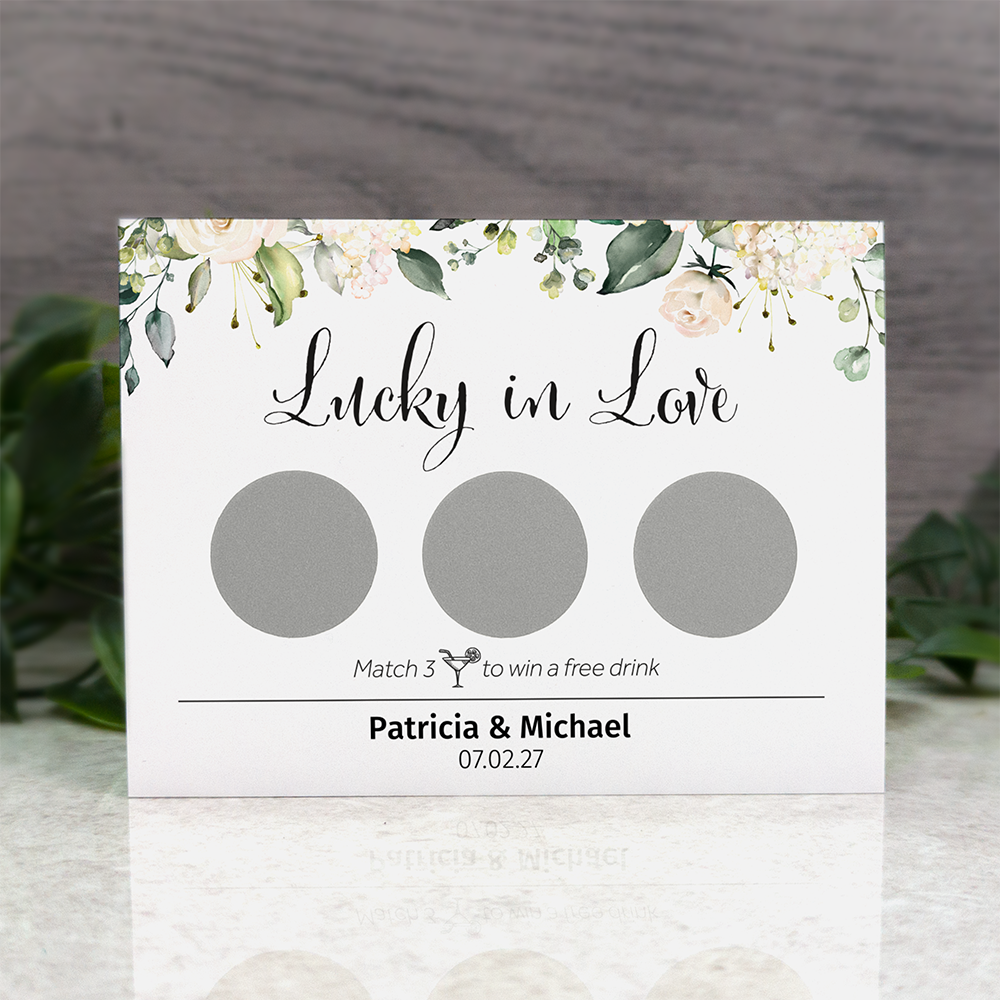 White Floral - Wedding Drink Favour Scratch Card Voucher