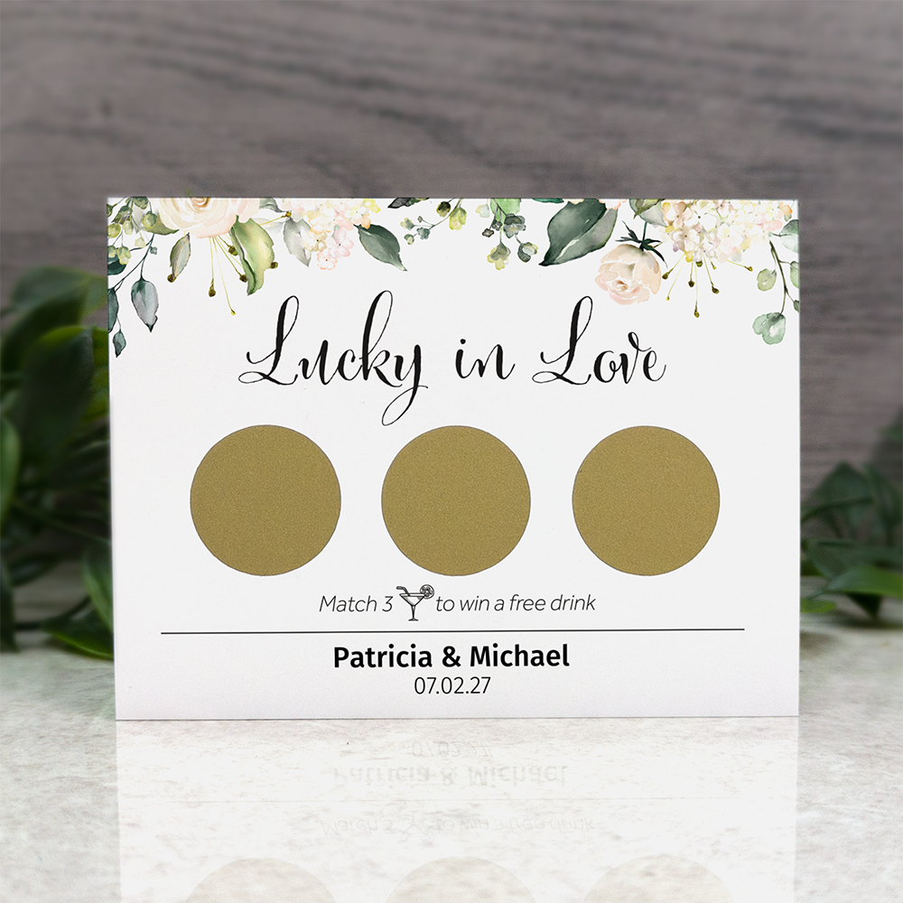 White Floral - Wedding Drink Favour Scratch Card Voucher